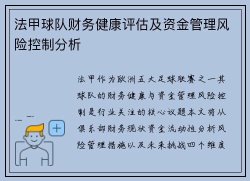 法甲球队财务健康评估及资金管理风险控制分析